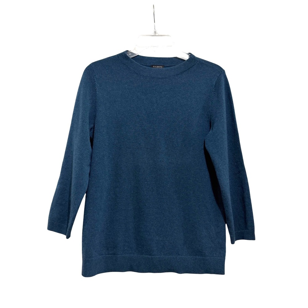 Talbots Women's Pure Cashmere Sweater Teal Blue Crew Neck 3/4 Sleeve Size M